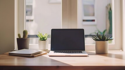 Minimalist Home Office, A sleek desk with a laptop, open notebook, and a single succulent against a white wall with natural light streaming