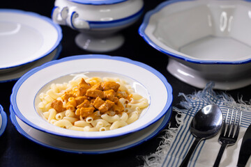 Traditional czech dish, chicken with paprika creamy sauce with pasta - typical for czech or middle europe.