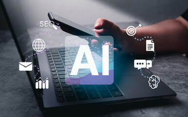 Woman using smartphone and laptop with the power of AI. Artificial Intelligence concept. Enter...