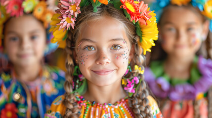 Fototapeta premium Portrait of Caucasian children from various countries, in colorful parade, Party and celebrating on Children's Day