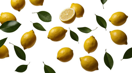 fresh lemon and leaves falling isolated on transparent background
