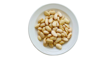 A white bowl overflowing with peanuts sits atop a clean white table