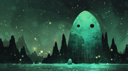 A majestic alien creature hovers above the oceans surface in a surreal painting