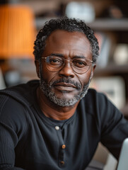 Fototapeta premium a handsome African-American man wearing glasses, working from home. He exudes a thoughtful and focused demeanor, set against a cozy indoor background with warm lighting.