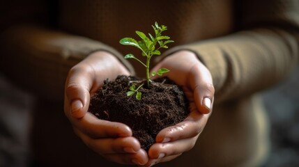 someone who holds soil with small plants growing on it.