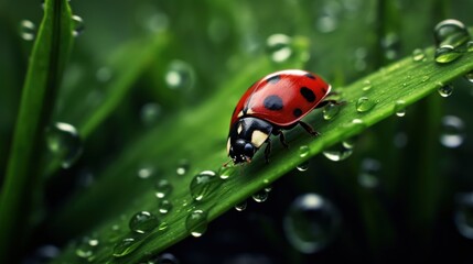 a red ladybug with black dots on it, was walking on a green leaf wet with water droplets.