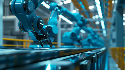 Obraz premium A factory with robots on a conveyor belt. The robots are blue and white