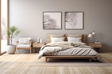 Interior of modern bedroom with white walls, wooden floor, comfortable king size bed with white pillows and wooden bedside table. 3d rendering