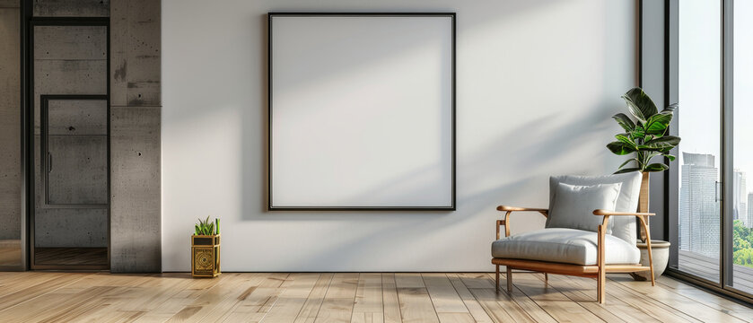 Modern living room scene featuring a blank white wall for art display, wooden flooring, and a stylish armchair on the right side