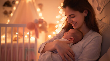 A nurturing moment between a mother and her child in a nursery lit by soft, warm lights