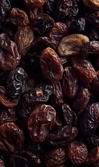 Closeup of raisins texture with wrinkled glossy brown surface