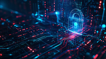 Fototapeta premium Digital access lock. Dark blue business and technology background, data protection and cyber security. Generative AI