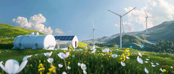 Highres image, H2 white gas tanks clipped to solar panels and wind turbines on green grass, blue sky, realistic, Canon EOS R5