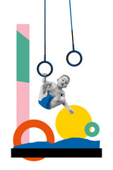 Early Training. Toddler boy engaged in gymnastics, swinging on rings on light background with colorful elements. Contemporary art. Sport, future generation, active lifestyle concept. Creative design