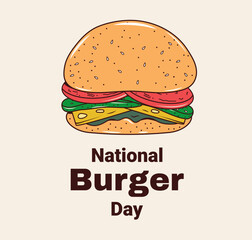 National Burger Day. Junk food day. Fast food day. Vector illustration. Burger in a modern trendy groovy style. Nutrition and unhealthy food. Food court. Bun with cutlet, tomatoes, cucumbers.