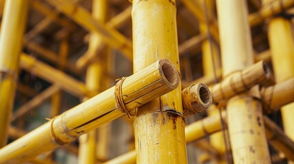 A construction site utilizing ecofriendly bamboo scaffolding reducing the carbon footprint and promoting sustainable materials.