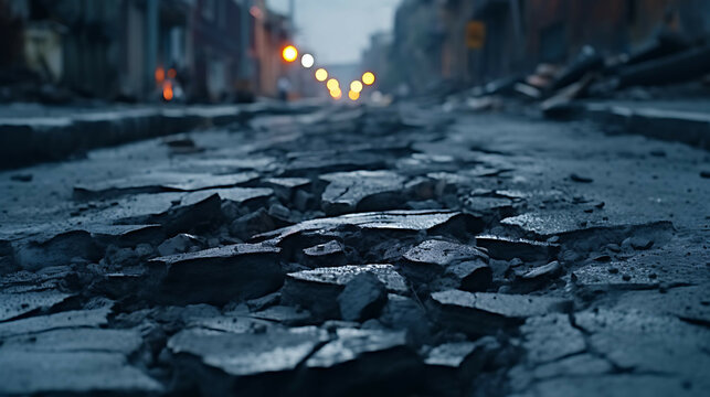 Very bad quality street with potholes. Damaged asphalt pavement road with potholes in city. AI