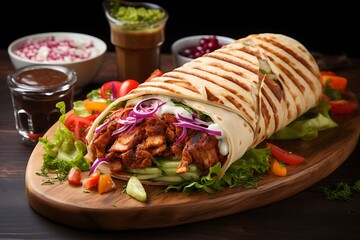 Doner kebab on a wooden board. Shawarma with meat and vegetables.