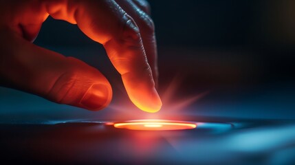 Hand pushing a futuristic button on a touch screen interface.	