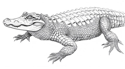 Naklejka premium A detailed line drawing of an alligator. The alligator is facing the viewer and is in a walking pose. The alligator's scales, teeth, and claws are all clearly visible on white background