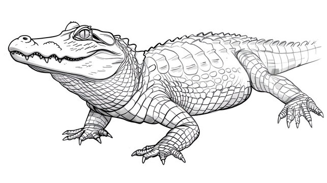 recommend clip art: Detailed line drawing of an alligator. The alligator is standing on the ground and looking to the left. The alligator's mouth is closed  on white background