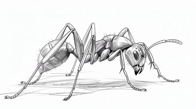 pencil sketch of an ant, side view  on white background