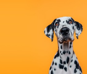 Adorable Dalmatian Dog Against Blue Background with copy space
