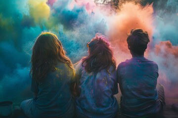 Friends attending a colorful Holi festival sit together on a vibrant green field, enjoying the festivities