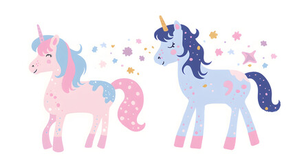 Couple of cute unicorns watercolor drawing illustration