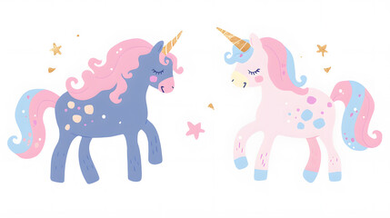 Fototapeta premium Couple of cute unicorns watercolor drawing illustration