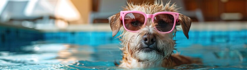 A close-up of a dog wearing pink sunglasses, floating leisurely in a clear blue pool