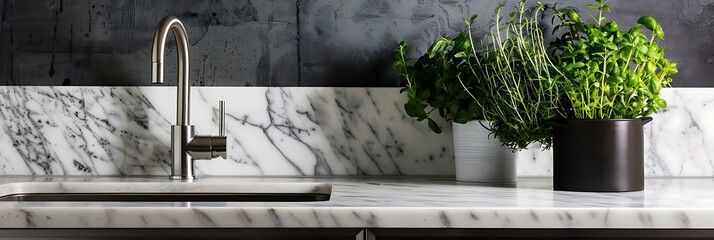 Modern Kitchen Details, Close-up of a kitchen counter with a stainless steel faucet, marble countertop, and fresh herbs in a pot. 