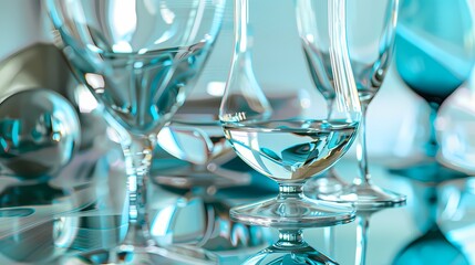 Reflective glassware with teal accents, capturing light in a dazzling display.