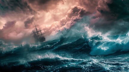 Dramatic scene of an ancient sailing ship battling turbulent ocean waves under a stormy sky, showcasing the ferocity of nature and maritime adventure.