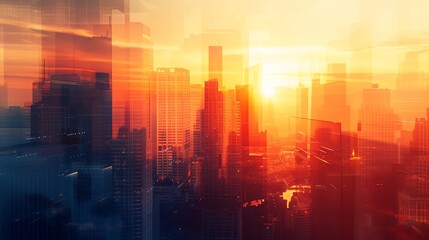 Obraz premium Modern city skyline at sunset with abstract blurred lights, creating a vibrant, dynamic atmosphere and futuristic urban environment.