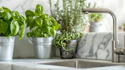 Modern Kitchen Details, Close-up of a kitchen counter with a stainless steel faucet, marble countertop, and fresh herbs in a pot. 