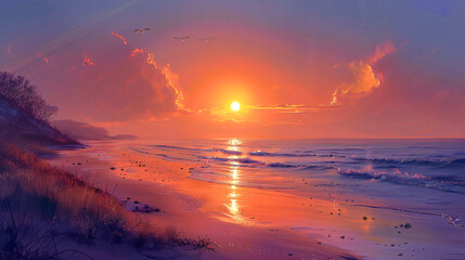 Tranquil Sunset: Serene Coastal Scene in Digital Landscape Painting