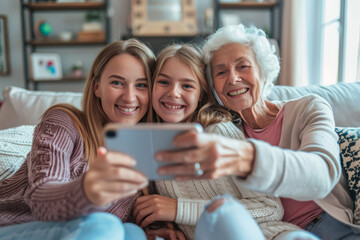 Happy smiling mother, daughter and grandmother sitting on sofa in living room and taking selfie