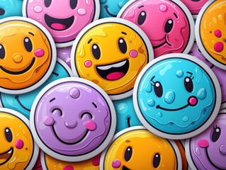 Cheerful and Playful Smiley Face Stickers in Pastel Colors with Black Outlines