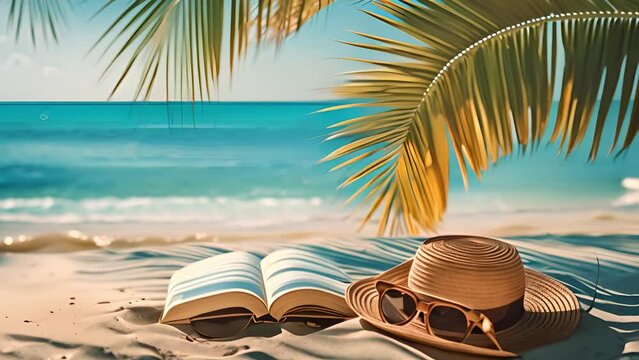 This hat, sunglasses, and a book placed on sandy beach. Hat, Sunglasses, Book on Beach
