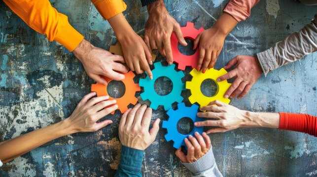 People of different ethnicities holding hands around a colorful interlocking gears representing teamwork and cooperation.