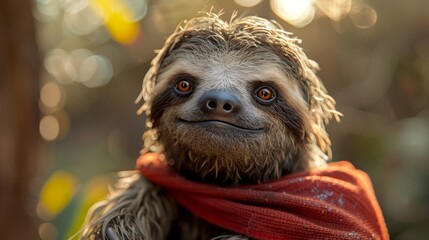 Fototapeta premium A cute sloth wearing a tiny superhero cape, looking ready to save the day.