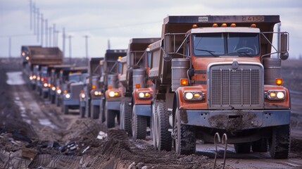 The strong and sy frames of a line of dump trucks provide a trusty means of transporting debris offsite.