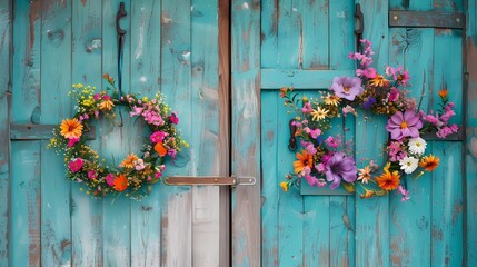 Rustic teal-colored doors adorned with vibrant floral wreaths, welcoming with charm.