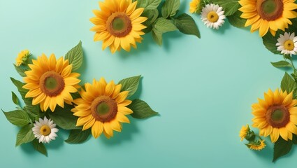 bouquet of sunflowers, flower frame on mint green background, Greeting floral card template with copy space, Summer Background, Birthday, Valentine’s Day, Flat lay, top view, space for text
