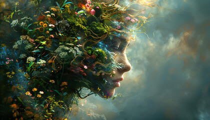 Surreal woman nature with trees and flowers growing from her head and refleting in water surface. Generative AI.