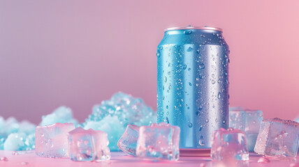 A blue soda can with ice cubes on a pastel background