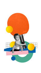 Adorable baby sitting with table tennis racket on light background with colorful elements. Contemporary art collage. Playful Beginnings. Concept of sport, future generation. Creative design.