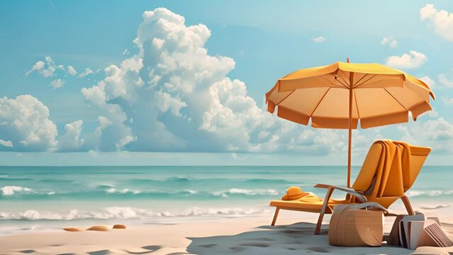 This yellow beach umbrella and chair set up on the sandy shore of a beach.