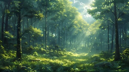 A serene forest with tall, majestic trees forming a dense canopy, allowing only streaks of sunlight to filter through the lush green foliage